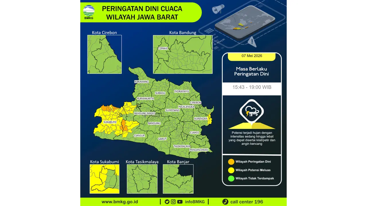 Prakiraan Cuaca Jabar, 7 Mei 2026: Sejumlah Wilayah Berpotensi Hujan Lebat Disertai Petir dan Angin Kencang
