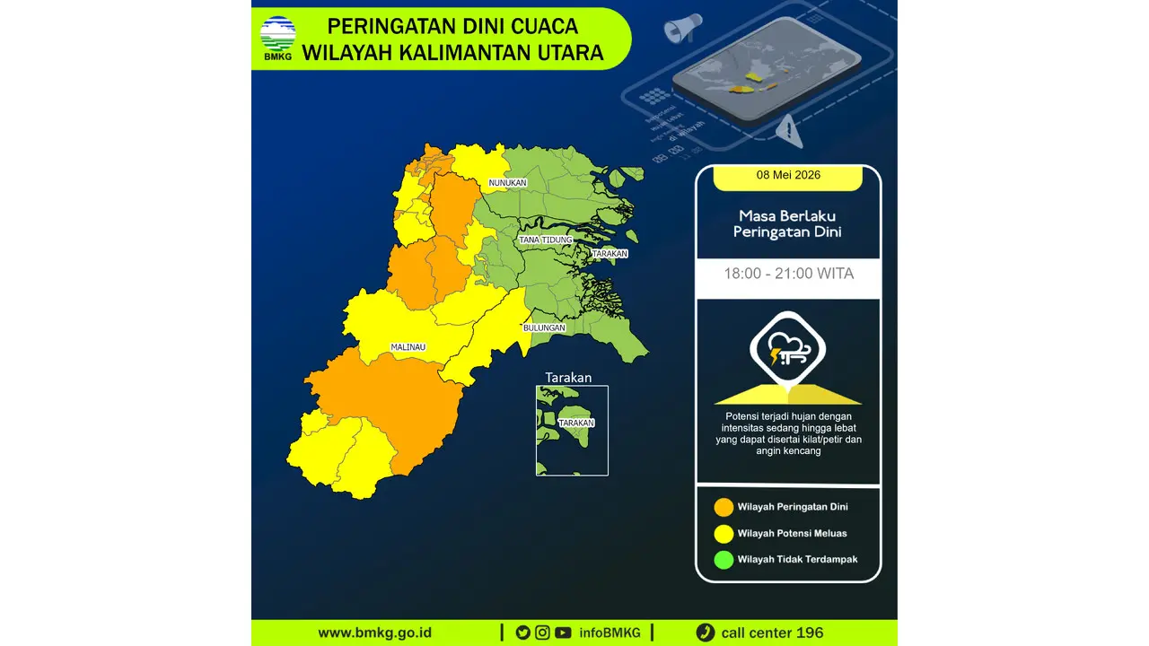 Prakiraan Cuaca Kaltara, 8 Mei 2026: Sejumlah Wilayah Berpotensi Hujan Lebat Disertai Petir dan Angin Kencang