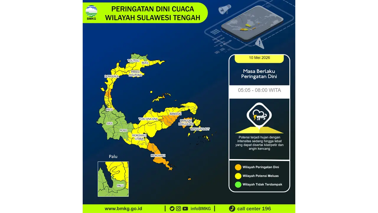 Prakiraan Cuaca Sulteng, 10 Mei 2026: Sejumlah Wilayah Berpotensi Hujan Lebat Disertai Petir dan Angin Kencang