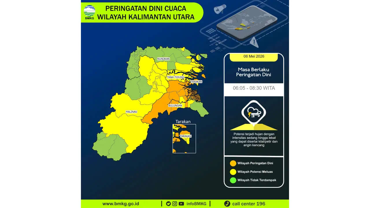 Prakiraan Cuaca Kaltara, 6 Mei 2026: Sejumlah Wilayah Berpotensi Hujan Lebat Disertai Petir dan Angin Kencang