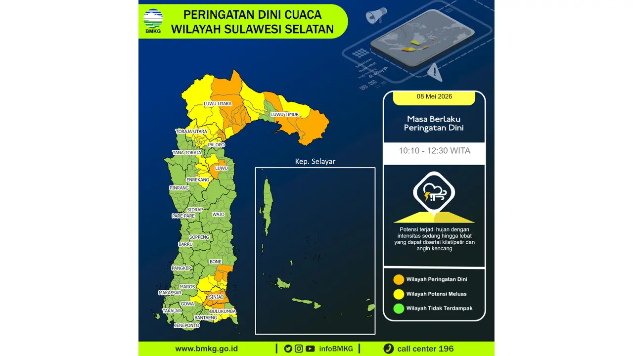 Prakiraan Cuaca Sulsel, 8 Mei 2026: Sejumlah Wilayah Berpotensi Hujan Lebat Disertai Petir dan Angin Kencang