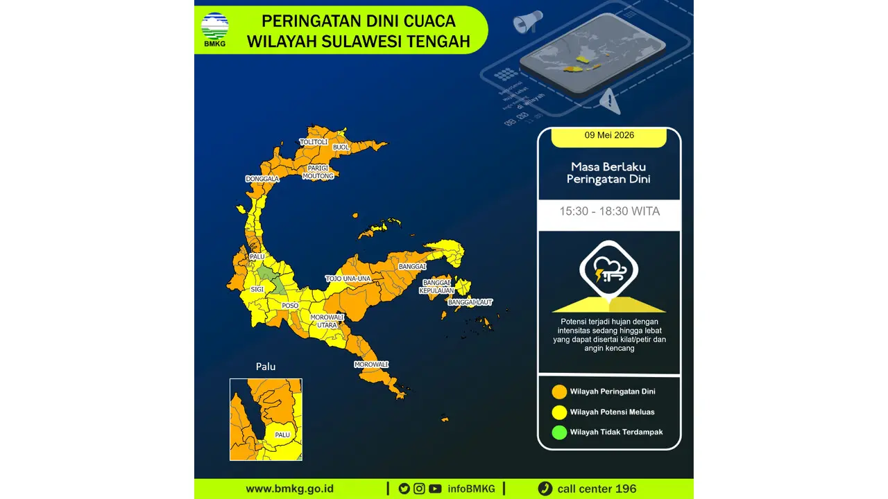 Prakiraan Cuaca Sulteng, 9 Mei 2026: Sejumlah Wilayah Berpotensi Hujan Lebat Disertai Petir dan Angin Kencang