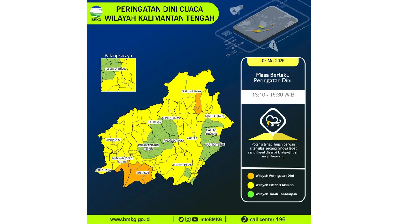 Prakiraan Cuaca Kalteng, 8 Mei 2026: Sejumlah Wilayah Berpotensi Hujan Lebat Disertai Petir dan Angin Kencang