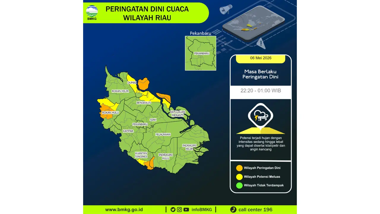 Prakiraan Cuaca Riau, 6 Mei 2026: Sejumlah Wilayah Berpotensi Hujan Lebat Disertai Petir dan Angin Kencang