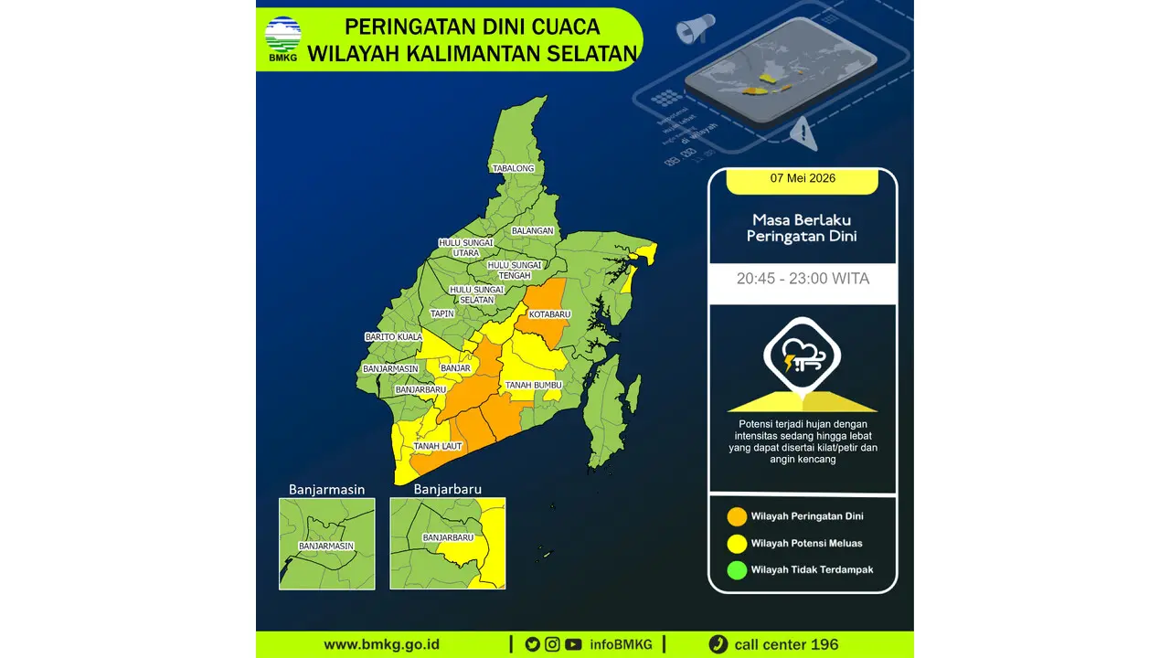 Prakiraan Cuaca Kalsel, 7 Mei 2026: Sejumlah Wilayah Berpotensi Hujan Lebat Disertai Petir dan Angin Kencang