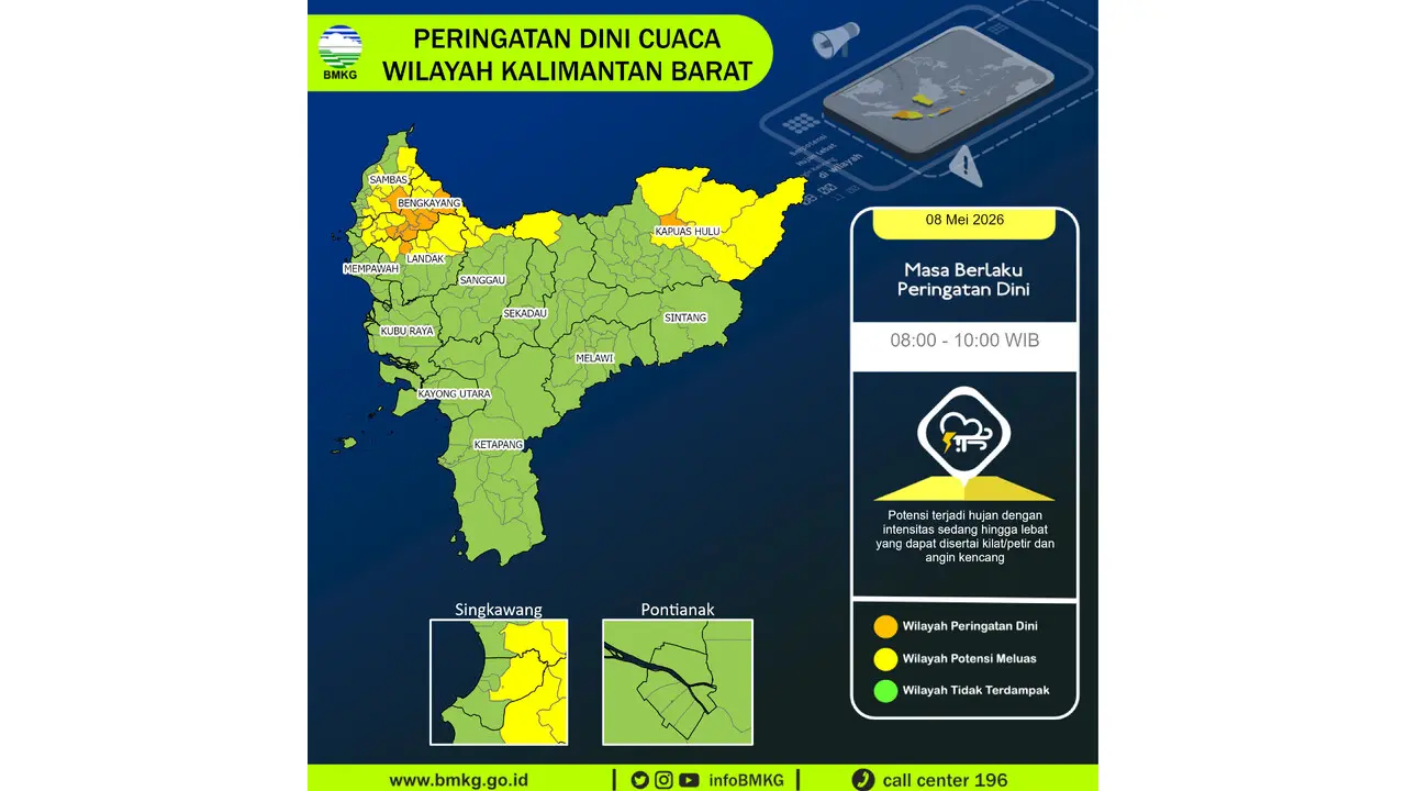 Prakiraan Cuaca Kalbar, 8 Mei 2026: Sejumlah Wilayah Berpotensi Hujan Lebat Disertai Petir dan Angin Kencang