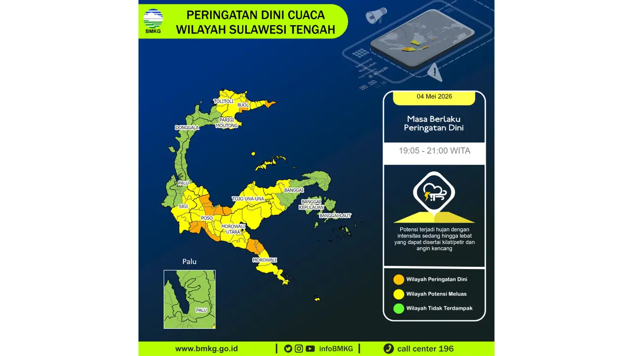 Prakiraan Cuaca Sulteng, 5 Mei 2026: Sejumlah Wilayah Berpotensi Hujan Lebat Disertai Petir dan Angin Kencang
