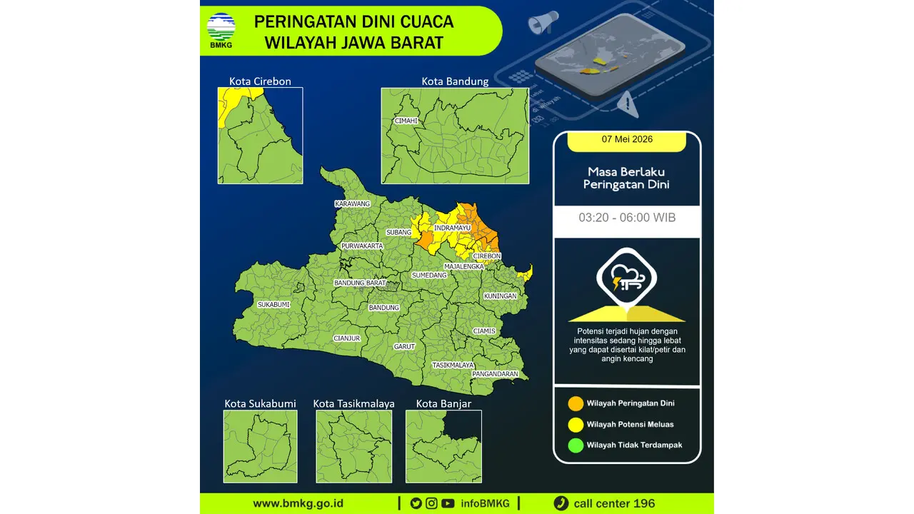 Prakiraan Cuaca Jabar, 7 Mei 2026: Sejumlah Wilayah Berpotensi Hujan Lebat Disertai Petir dan Angin Kencang