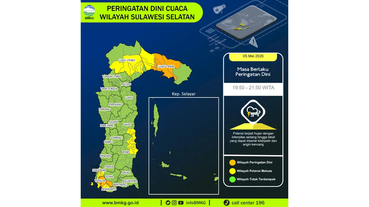 Prakiraan Cuaca Sulsel, 5 Mei 2026: Sejumlah Wilayah Berpotensi Hujan Lebat Disertai Petir dan Angin Kencang