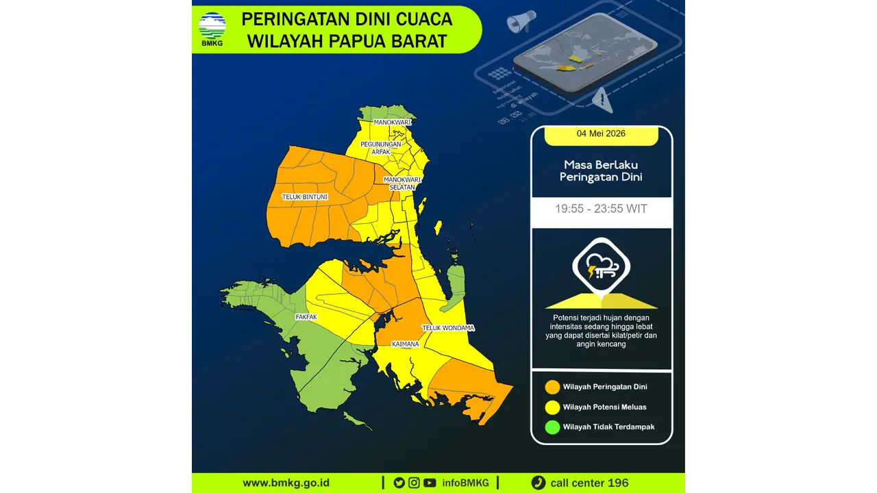 Prakiraan Cuaca Papua Barat, 5 Mei 2026: Sejumlah Wilayah Berpotensi Hujan Lebat Disertai Petir dan Angin Kencang