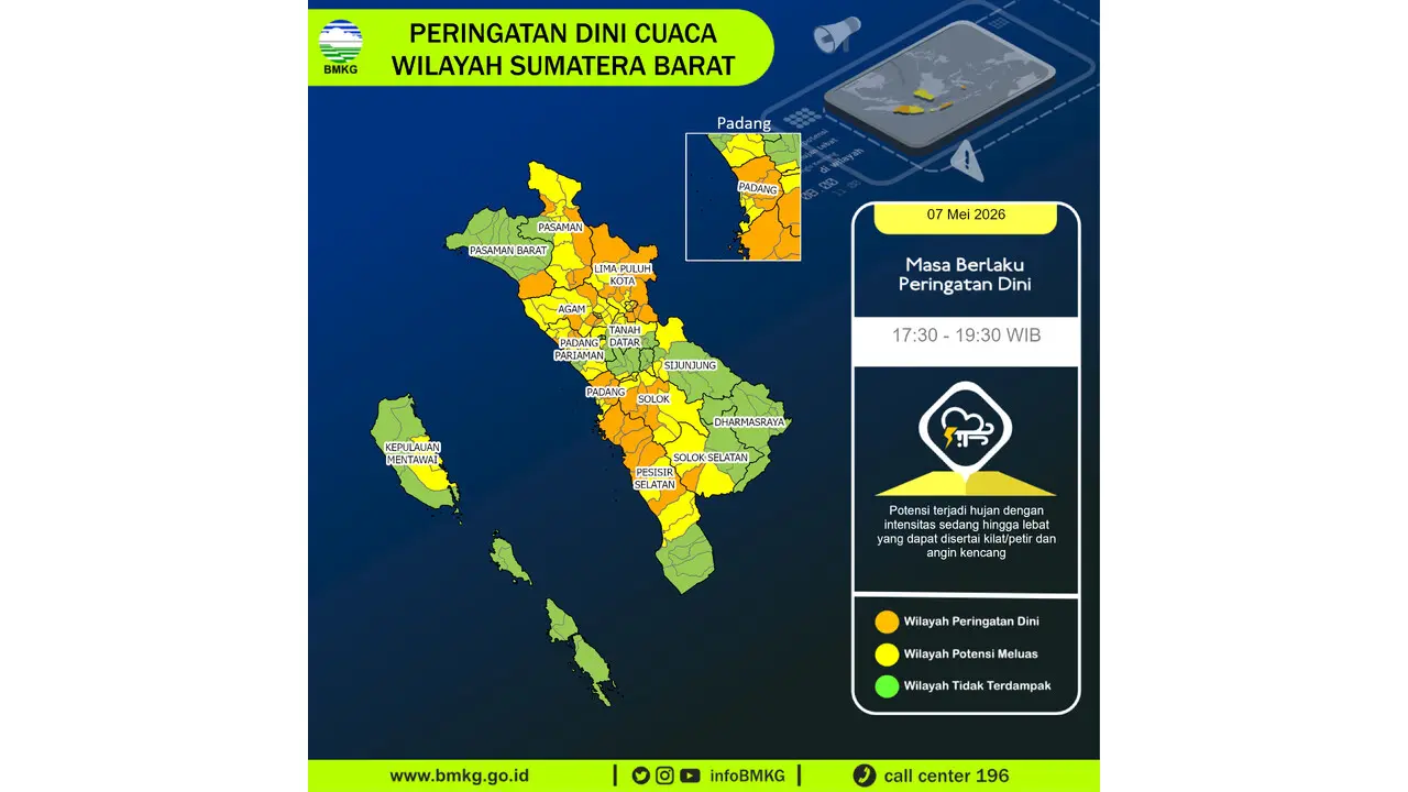 Prakiraan Cuaca Sumbar, 7 Mei 2026: Sejumlah Wilayah Berpotensi Hujan Lebat Disertai Petir dan Angin Kencang