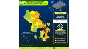 Prakiraan Cuaca Sultra, 7 Mei 2026: Sejumlah Wilayah Berpotensi Hujan Lebat Disertai Petir dan Angin Kencang