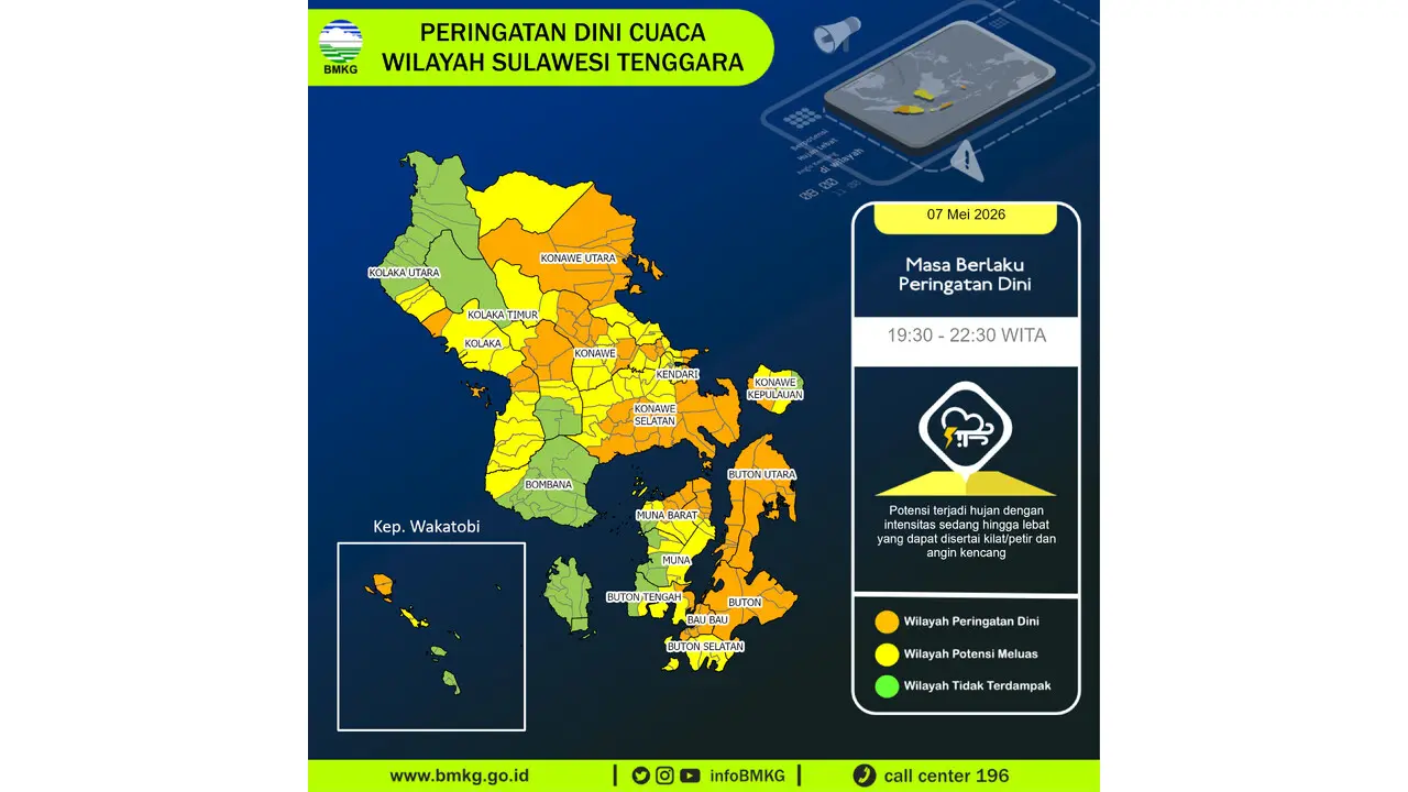 Prakiraan Cuaca Sultra, 7 Mei 2026: Sejumlah Wilayah Berpotensi Hujan Lebat Disertai Petir dan Angin Kencang
