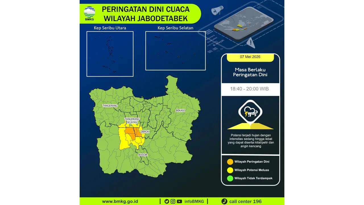 Prakiraan Cuaca Jabodetabek, 7 Mei 2026: Sejumlah Wilayah Berpotensi Hujan Lebat Disertai Petir dan Angin Kencang