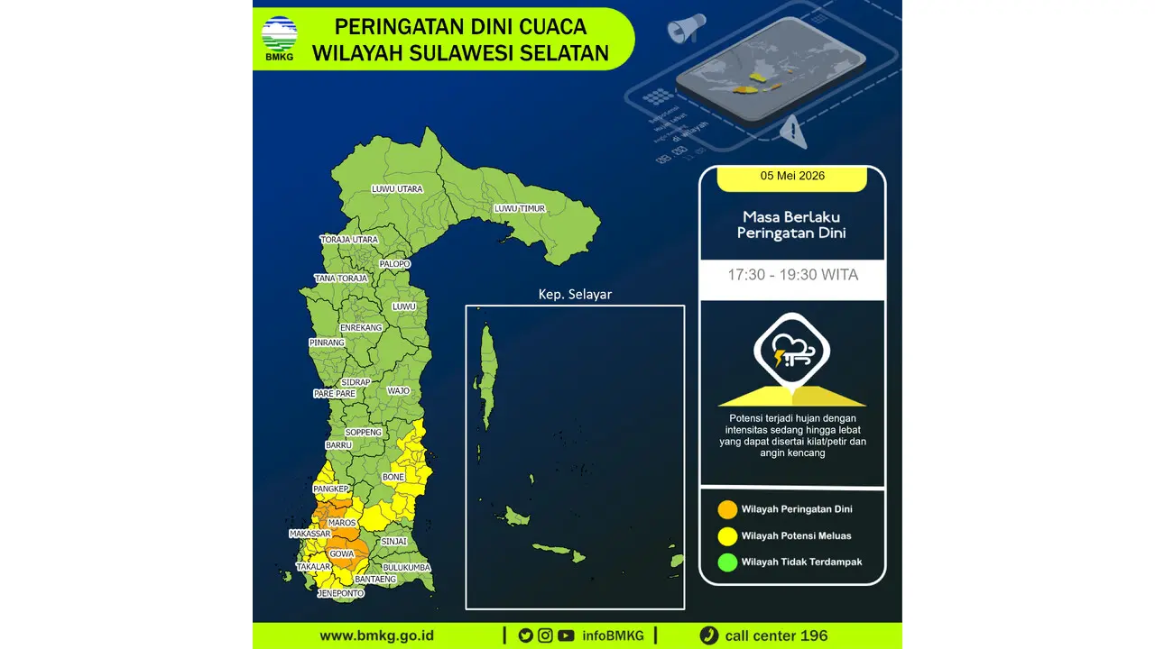 Prakiraan Cuaca Sulsel, 5 Mei 2026: Sejumlah Wilayah Berpotensi Hujan Lebat Disertai Petir dan Angin Kencang