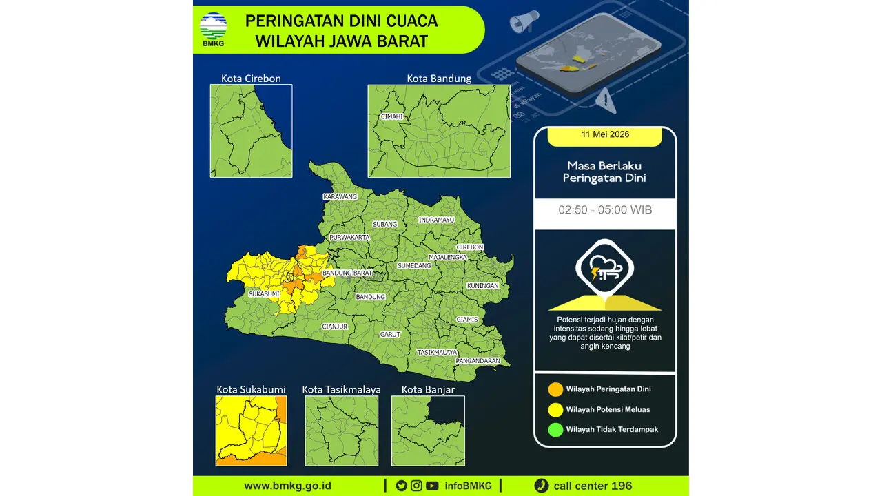 Prakiraan Cuaca Jabar, 11 Mei 2026: Sejumlah Wilayah Berpotensi Hujan Lebat Disertai Petir dan Angin Kencang
