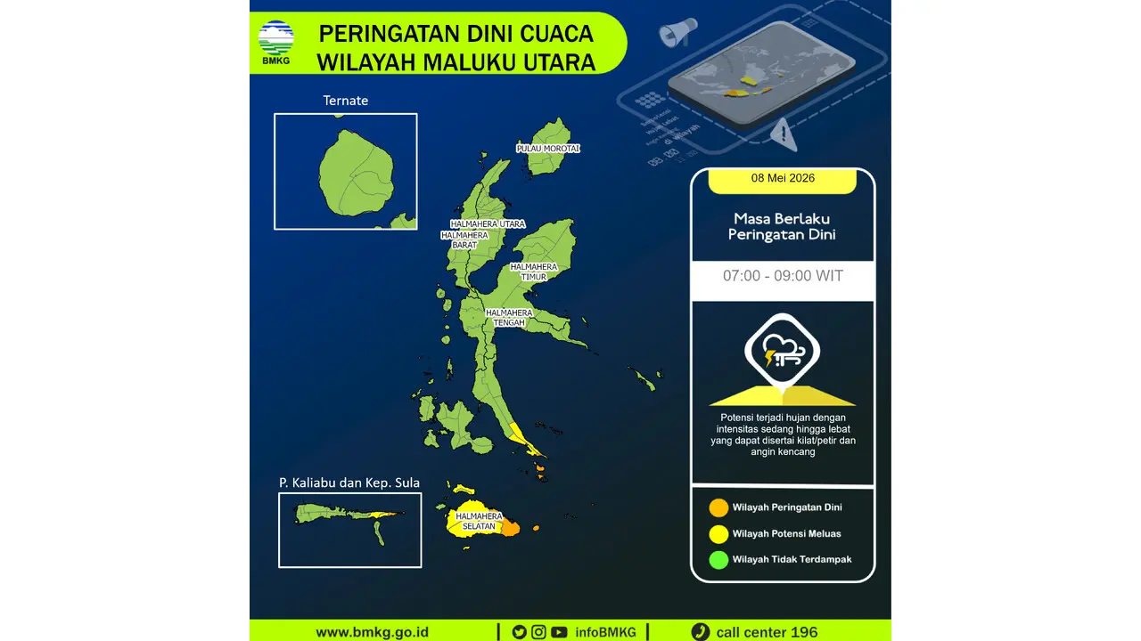 Prakiraan Cuaca Malut, 8 Mei 2026: Sejumlah Wilayah Berpotensi Hujan Lebat Disertai Petir dan Angin Kencang
