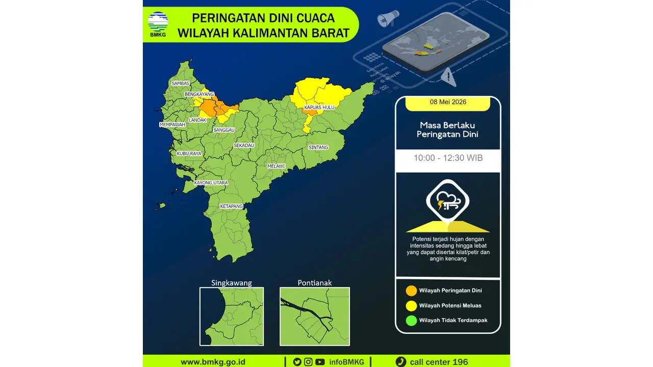 Prakiraan Cuaca Kalbar, 8 Mei 2026: Sejumlah Wilayah Berpotensi Hujan Lebat Disertai Petir dan Angin Kencang