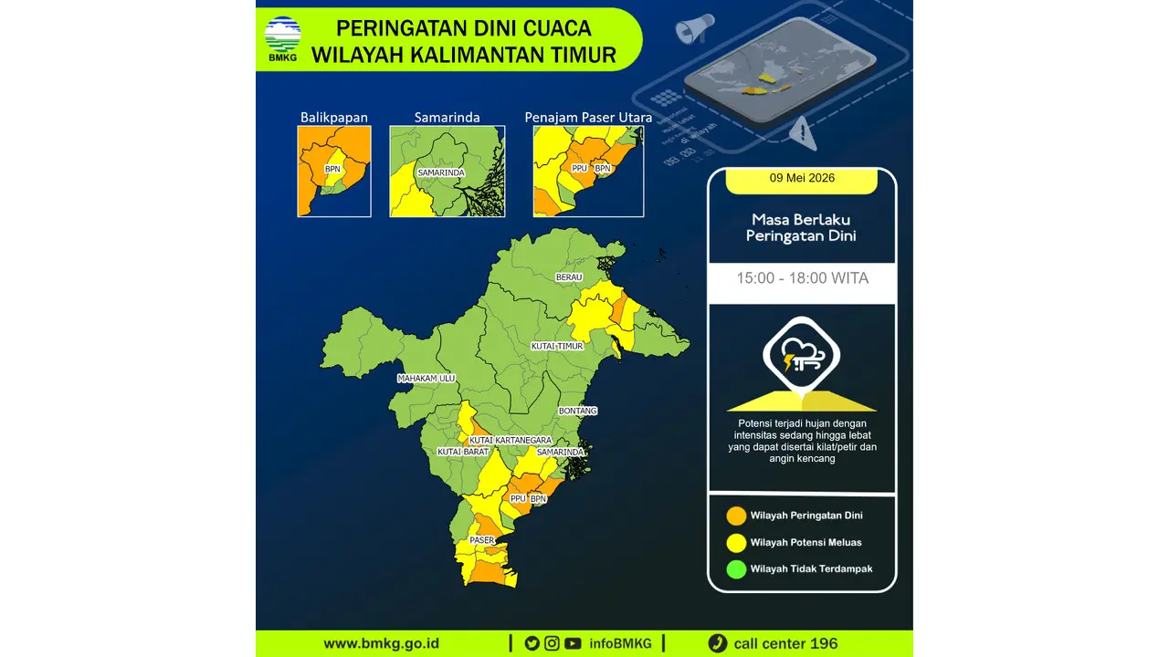 Prakiraan Cuaca Kaltim, 9 Mei 2026: Sejumlah Wilayah Berpotensi Hujan Lebat Disertai Petir dan Angin Kencang