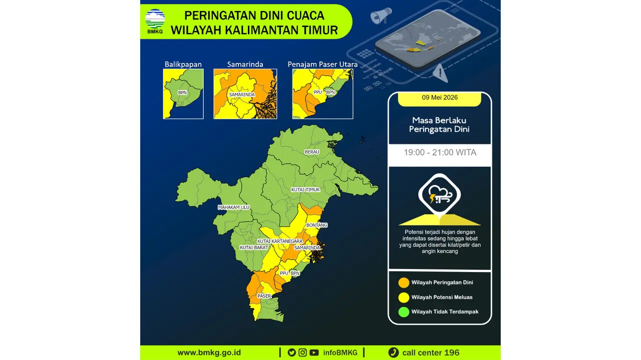 Prakiraan Cuaca Kaltim, 9 Mei 2026: Sejumlah Wilayah Berpotensi Hujan Lebat Disertai Petir dan Angin Kencang