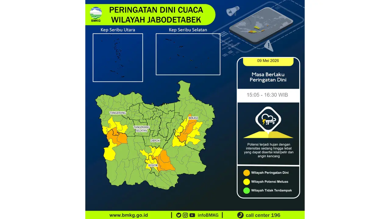 Prakiraan Cuaca Jabodetabek, 9 Mei 2026: Sejumlah Wilayah Berpotensi Hujan Lebat Disertai Petir dan Angin Kencang