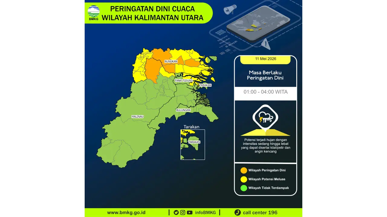 Prakiraan Cuaca Kaltara, 11 Mei 2026: Sejumlah Wilayah Berpotensi Hujan Lebat Disertai Petir dan Angin Kencang