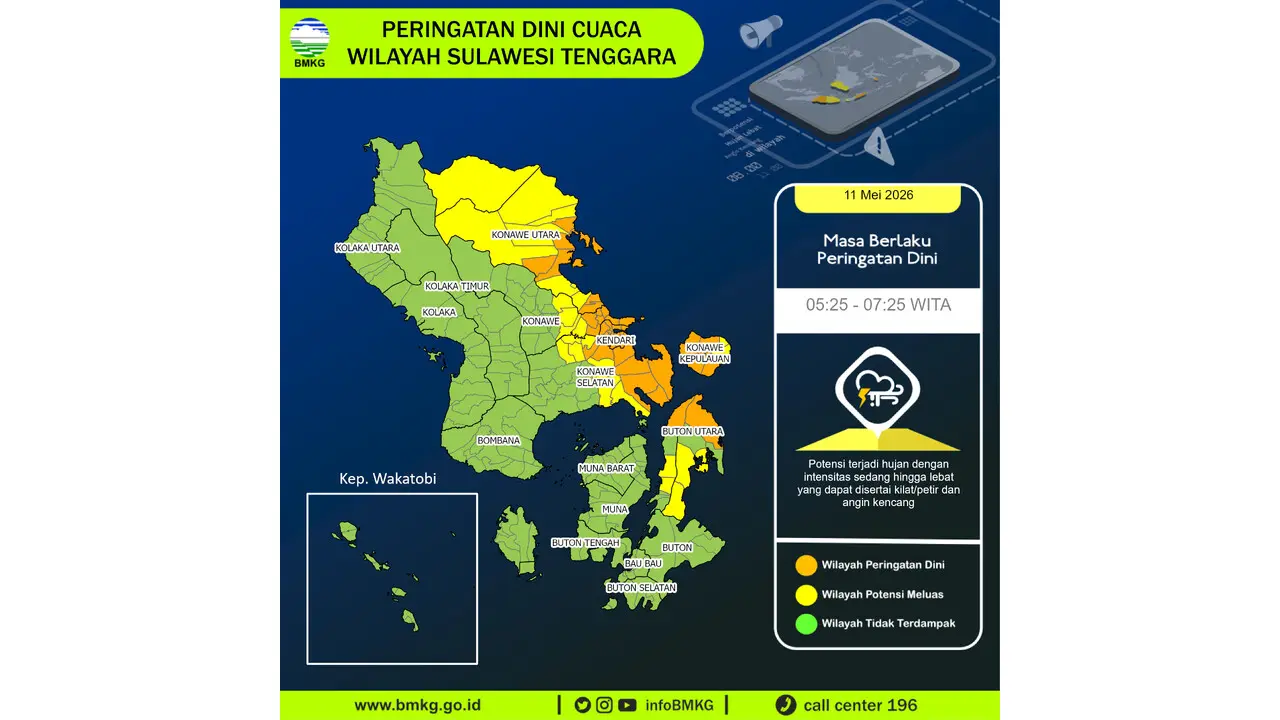 Prakiraan Cuaca Sultra, 11 Mei 2026: Sejumlah Wilayah Berpotensi Hujan Lebat Disertai Petir dan Angin Kencang