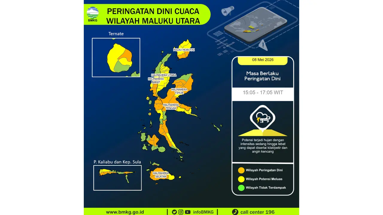 Prakiraan Cuaca Malut, 8 Mei 2026: Sejumlah Wilayah Berpotensi Hujan Lebat Disertai Petir dan Angin Kencang