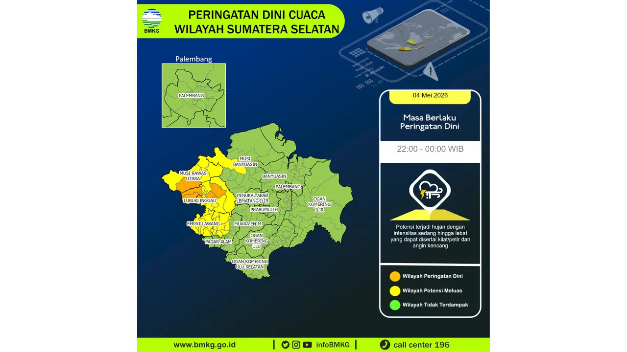 Prakiraan Cuaca Sumsel, 4 Mei 2026: Sejumlah Wilayah Berpotensi Hujan Lebat Disertai Petir dan Angin Kencang