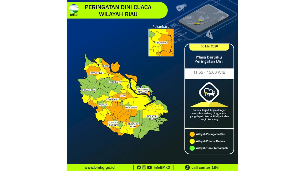 Prakiraan Cuaca Riau, 6 Mei 2026: Sejumlah Wilayah Berpotensi Hujan Lebat Disertai Petir dan Angin Kencang