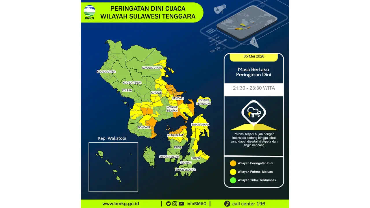 Prakiraan Cuaca Sultra, 5 Mei 2026: Sejumlah Wilayah Berpotensi Hujan Lebat Disertai Petir dan Angin Kencang
