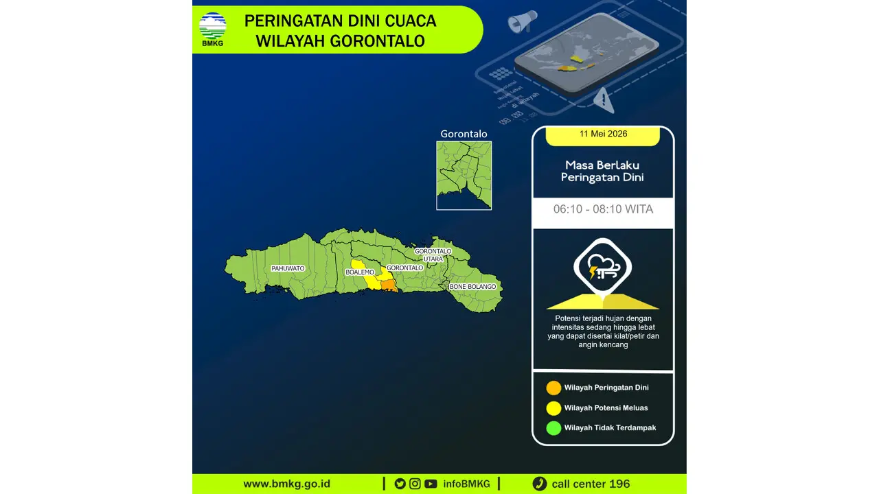 Prakiraan Cuaca Gorontalo, 11 Mei 2026: Sejumlah Wilayah Berpotensi Hujan Lebat Disertai Petir dan Angin Kencang