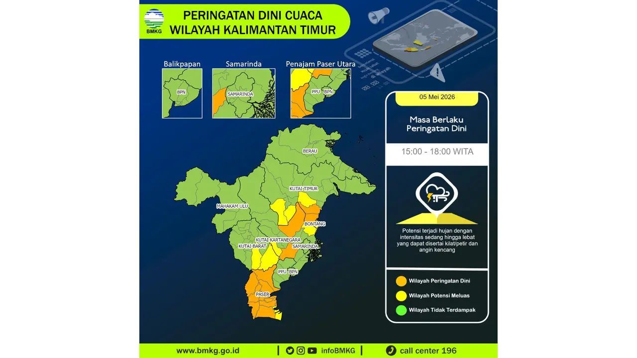 Prakiraan Cuaca Kaltim, 5 Mei 2026: Sejumlah Wilayah Berpotensi Hujan Lebat Disertai Petir dan Angin Kencang