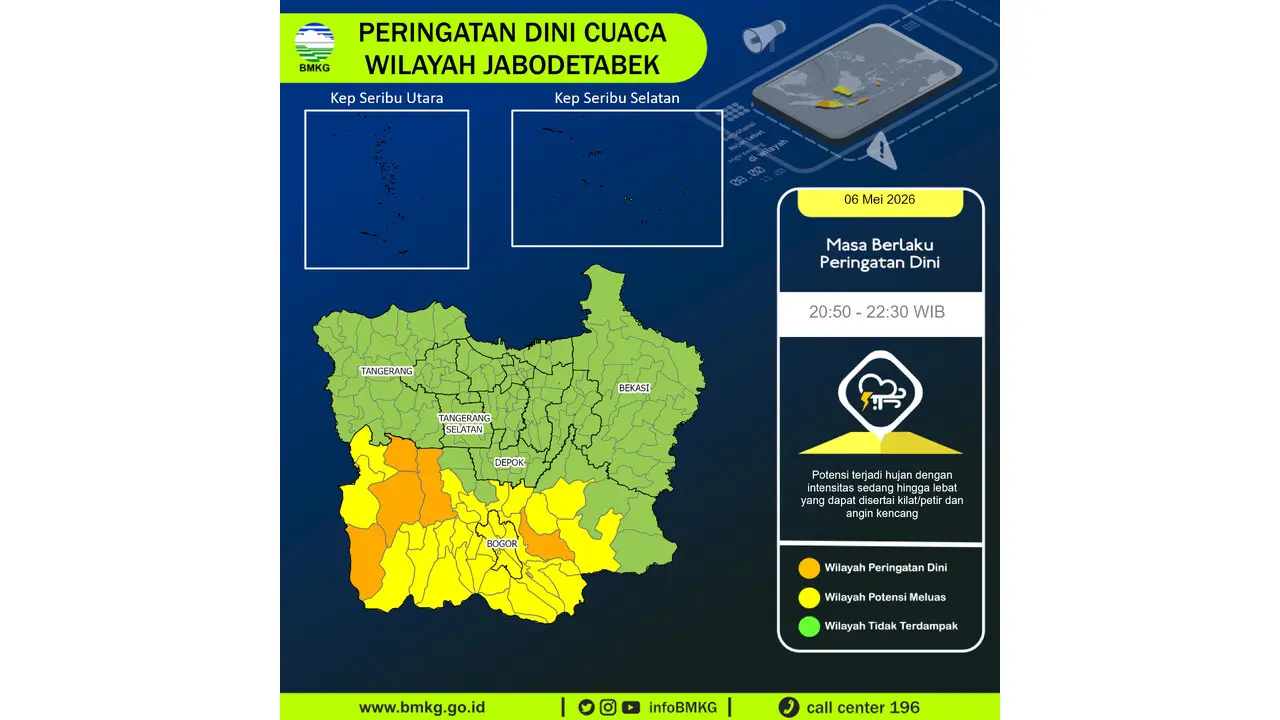 Prakiraan Cuaca Jabodetabek, 6 Mei 2026: Sejumlah Wilayah Berpotensi Hujan Lebat Disertai Petir dan Angin Kencang