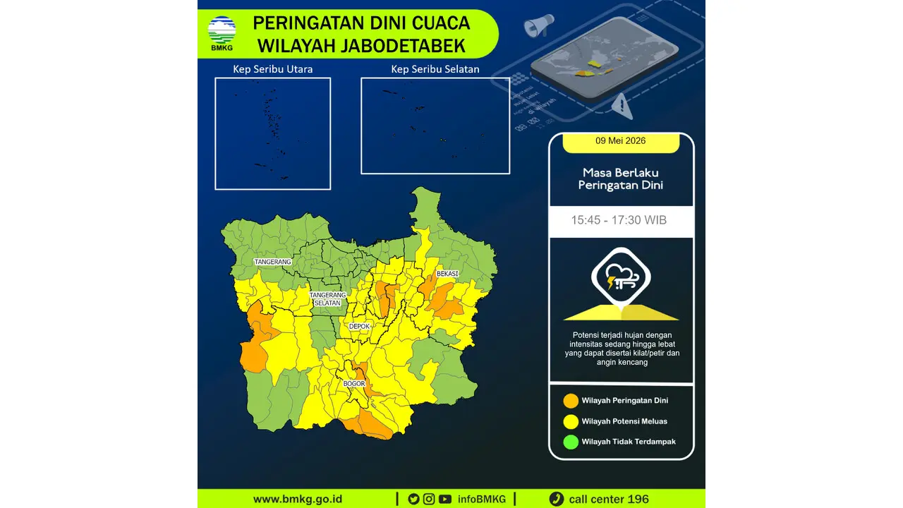 Prakiraan Cuaca Jabodetabek, 9 Mei 2026: Sejumlah Wilayah Berpotensi Hujan Lebat Disertai Petir dan Angin Kencang