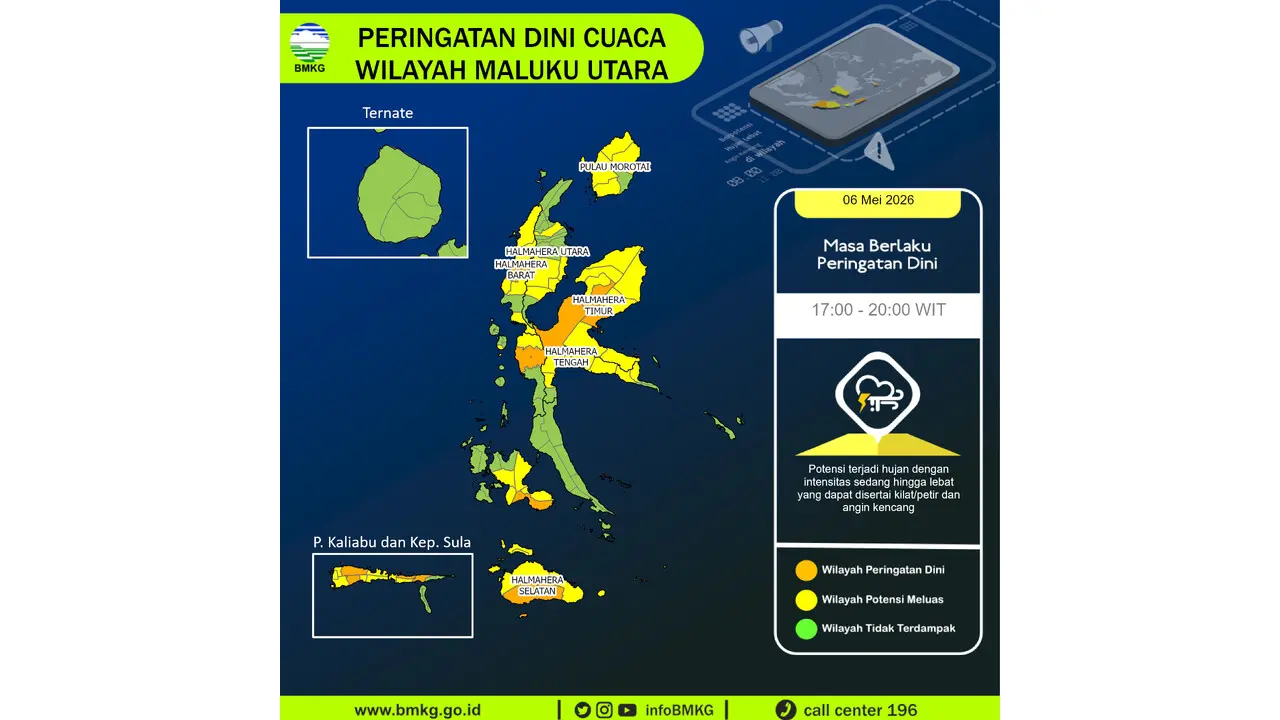 Prakiraan Cuaca Malut, 6 Mei 2026: Sejumlah Wilayah Berpotensi Hujan Lebat Disertai Petir dan Angin Kencang
