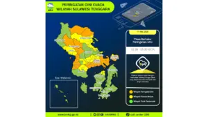 Prakiraan Cuaca Sultra, 11 Mei 2026: Sejumlah Wilayah Berpotensi Hujan Lebat Disertai Petir dan Angin Kencang