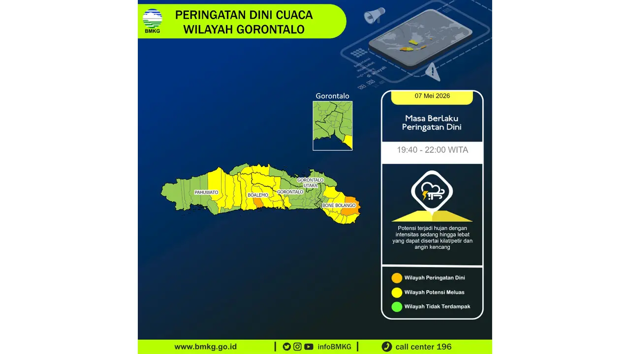 Prakiraan Cuaca Gorontalo, 7 Mei 2026: Sejumlah Wilayah Berpotensi Hujan Lebat Disertai Petir dan Angin Kencang