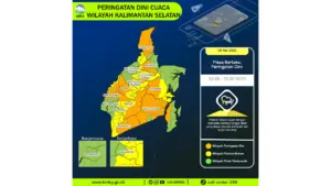 Prakiraan Cuaca Kalsel, 8 Mei 2026: Sejumlah Wilayah Berpotensi Hujan Lebat Disertai Petir dan Angin Kencang