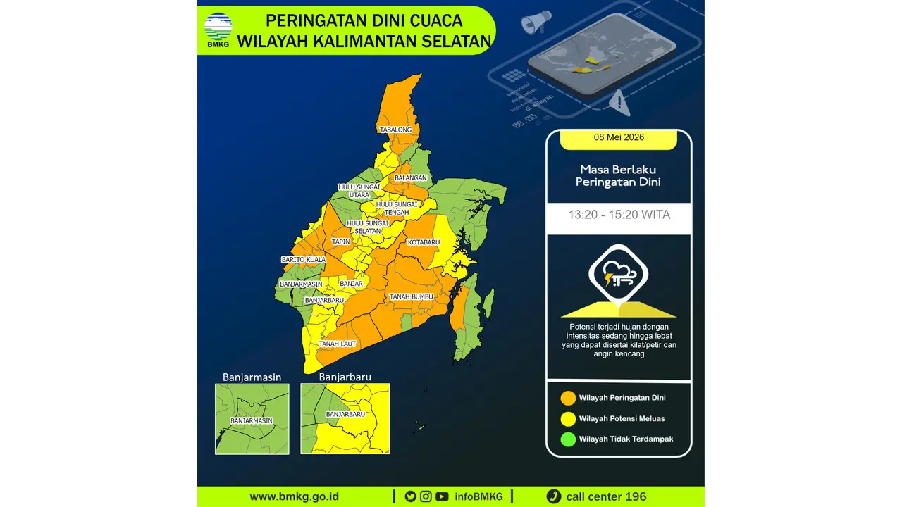 Prakiraan Cuaca Kalsel, 8 Mei 2026: Sejumlah Wilayah Berpotensi Hujan Lebat Disertai Petir dan Angin Kencang