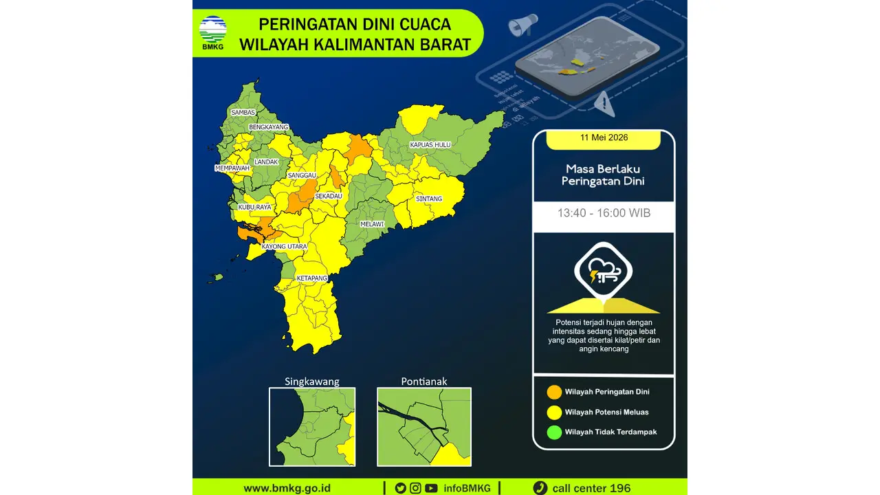 Prakiraan Cuaca Kalbar, 11 Mei 2026: Sejumlah Wilayah Berpotensi Hujan Lebat Disertai Petir dan Angin Kencang