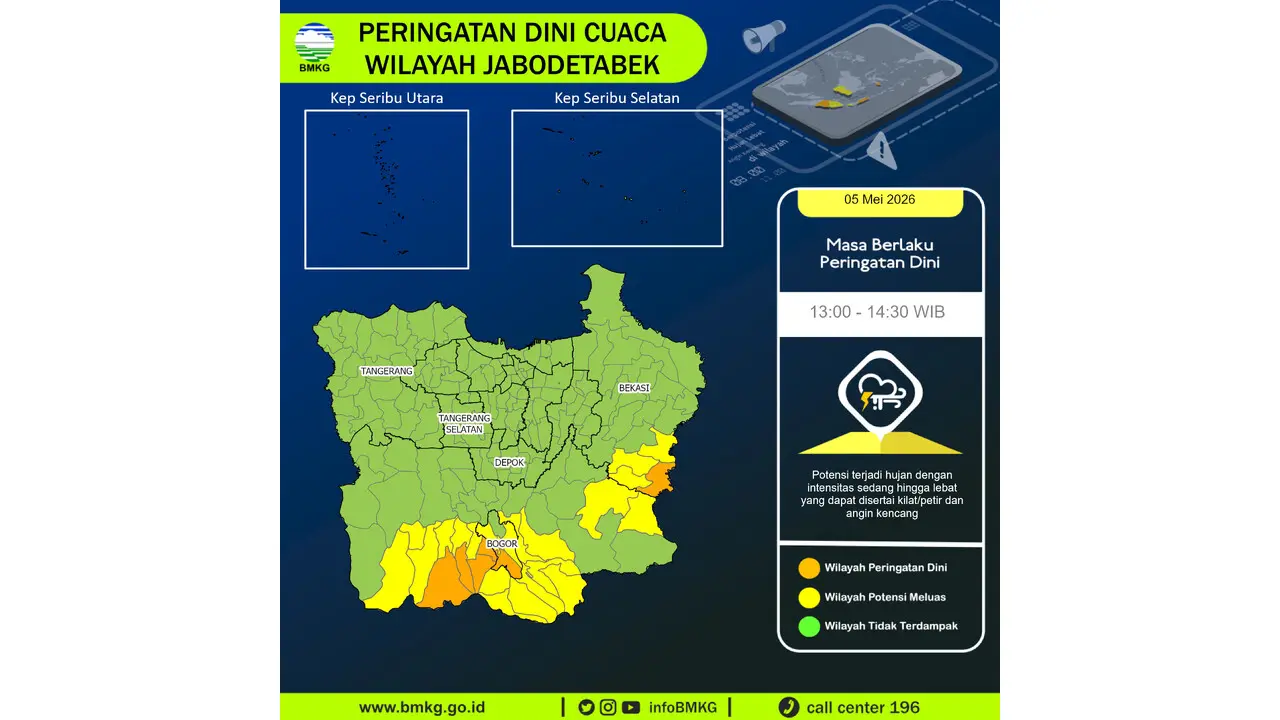 Prakiraan Cuaca Jabodetabek, 5 Mei 2026: Sejumlah Wilayah Berpotensi Hujan Lebat Disertai Petir dan Angin Kencang