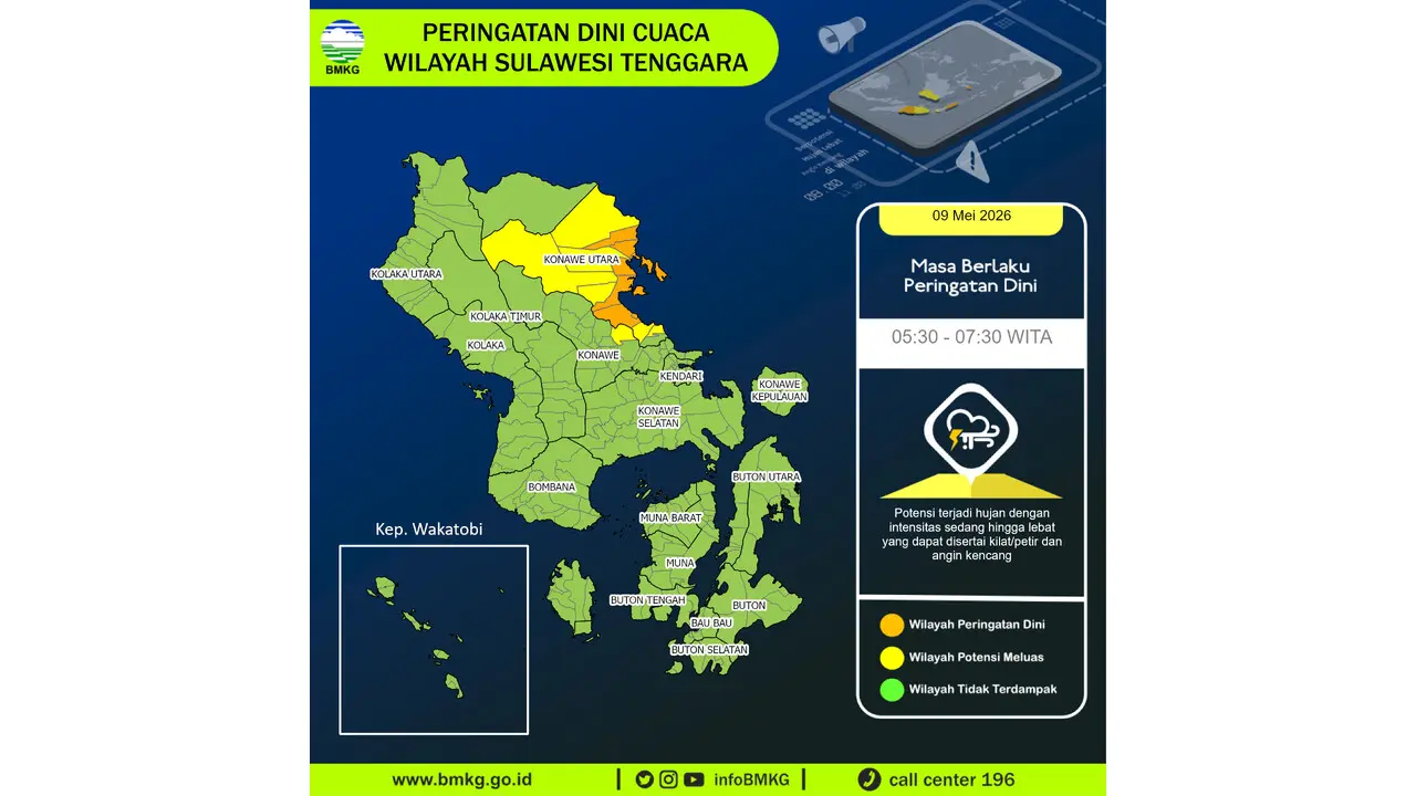 Prakiraan Cuaca Sultra, 9 Mei 2026: Sejumlah Wilayah Berpotensi Hujan Lebat Disertai Petir dan Angin Kencang