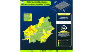 Prakiraan Cuaca Kalteng, 9 Mei 2026: Sejumlah Wilayah Berpotensi Hujan Lebat Disertai Petir dan Angin Kencang