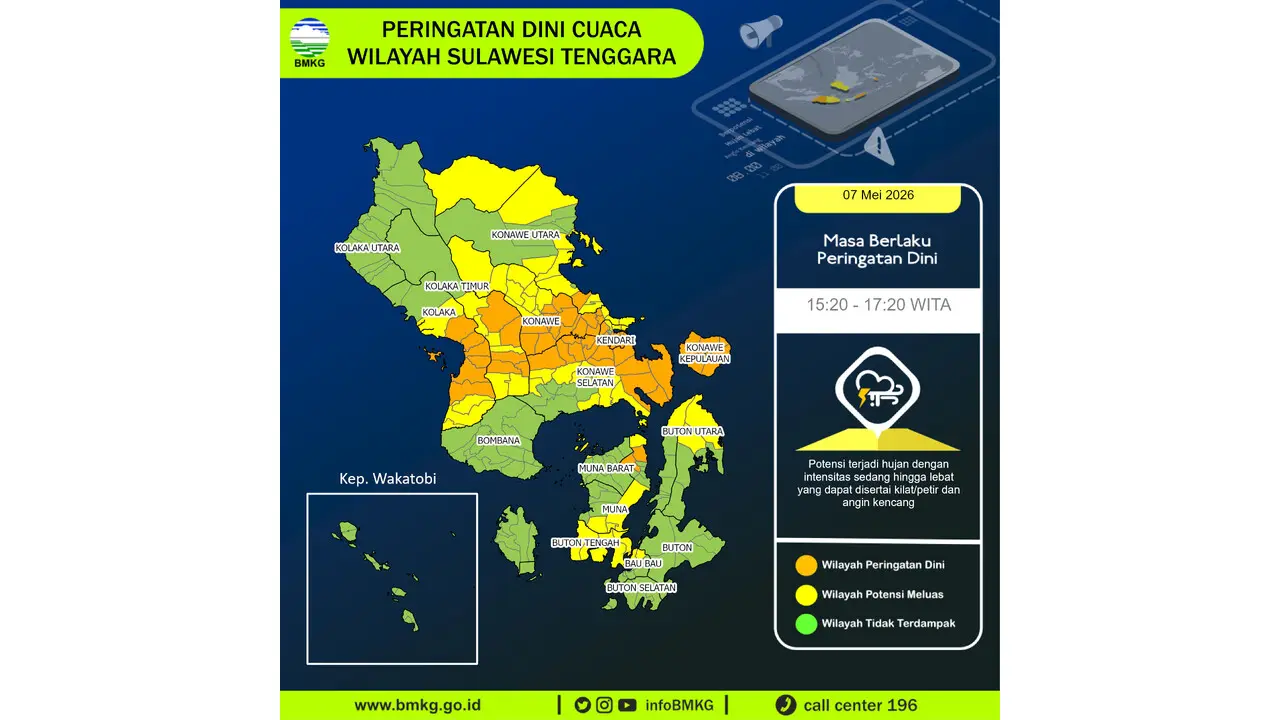 Prakiraan Cuaca Sultra, 7 Mei 2026: Sejumlah Wilayah Berpotensi Hujan Lebat Disertai Petir dan Angin Kencang