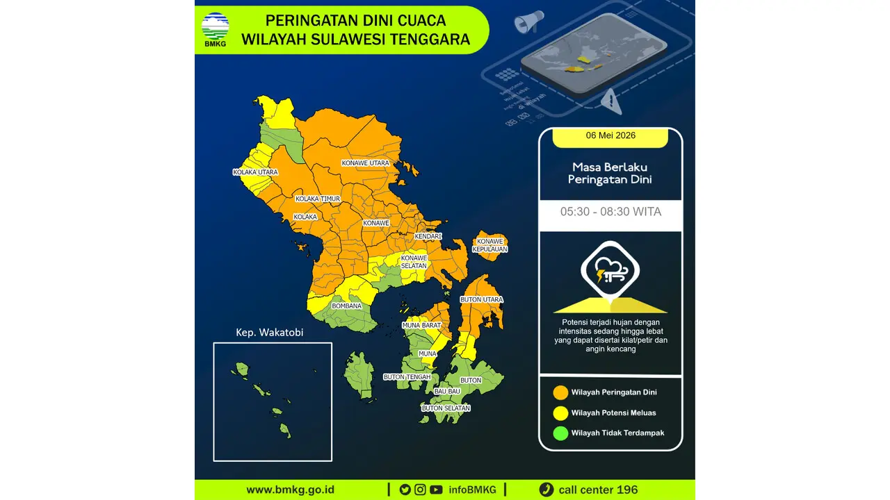 Prakiraan Cuaca Sultra, 6 Mei 2026: Sejumlah Wilayah Berpotensi Hujan Lebat Disertai Petir dan Angin Kencang