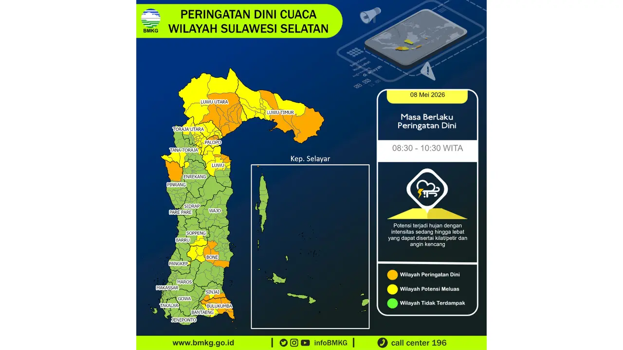 Prakiraan Cuaca Sulsel, 8 Mei 2026: Sejumlah Wilayah Berpotensi Hujan Lebat Disertai Petir dan Angin Kencang
