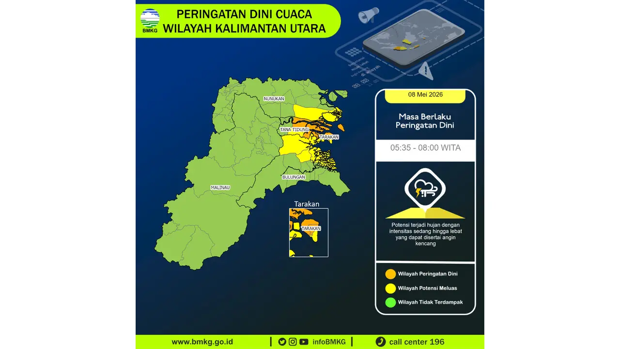 Prakiraan Cuaca Kaltara, 8 Mei 2026: Sejumlah Wilayah Berpotensi Hujan Lebat Disertai Angin Kencang