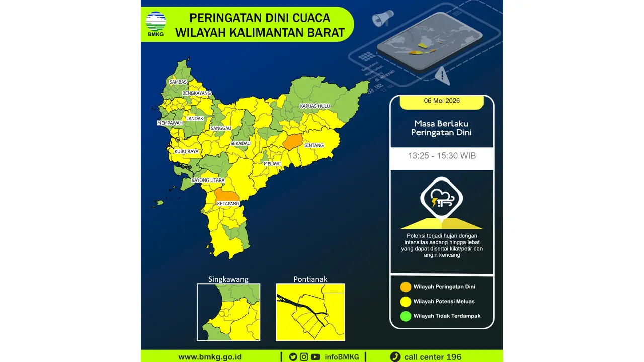 Prakiraan Cuaca Kalbar, 6 Mei 2026: Sejumlah Wilayah Berpotensi Hujan Lebat Disertai Petir dan Angin Kencang