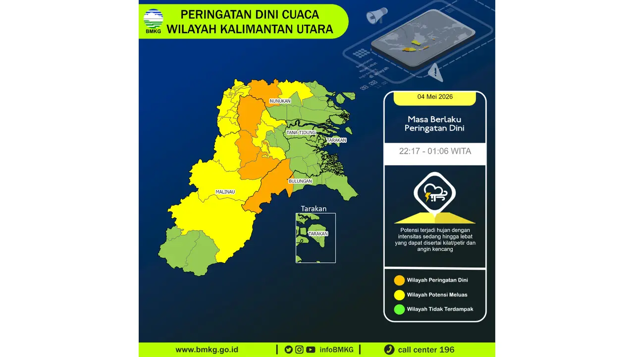 Prakiraan Cuaca Kaltara, 4 Mei 2026: Sejumlah Wilayah Berpotensi Hujan Lebat Disertai Petir dan Angin Kencang